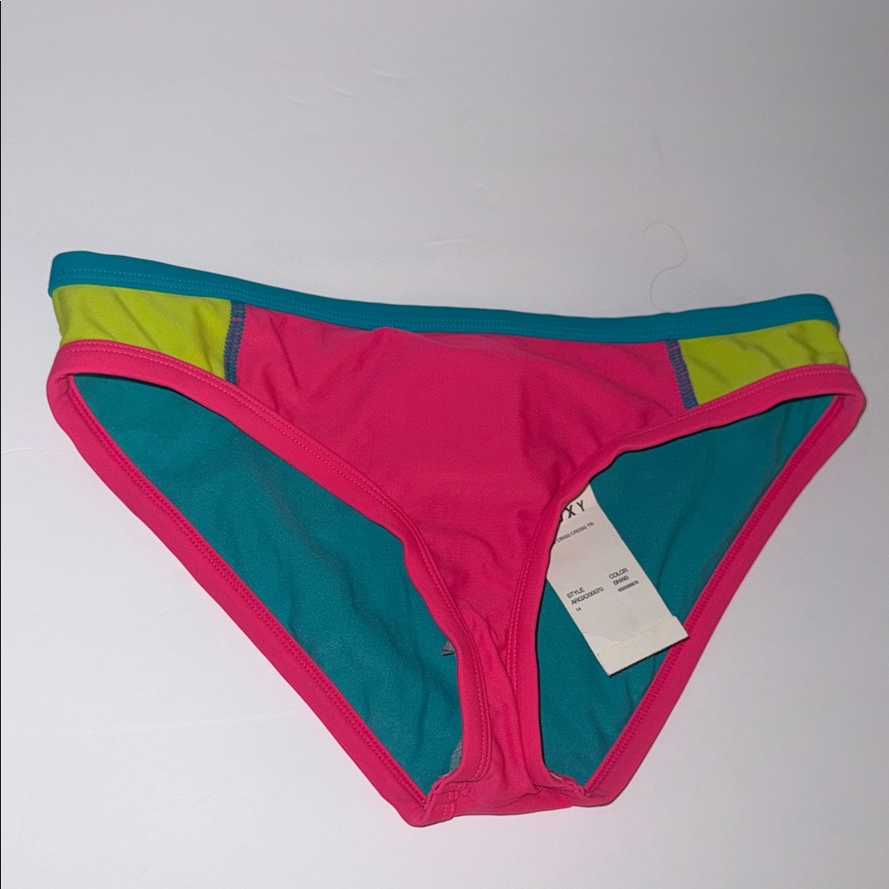 NWT Roxy Girls Pink and Teal Bikini Swim Bottom Girls Size 14